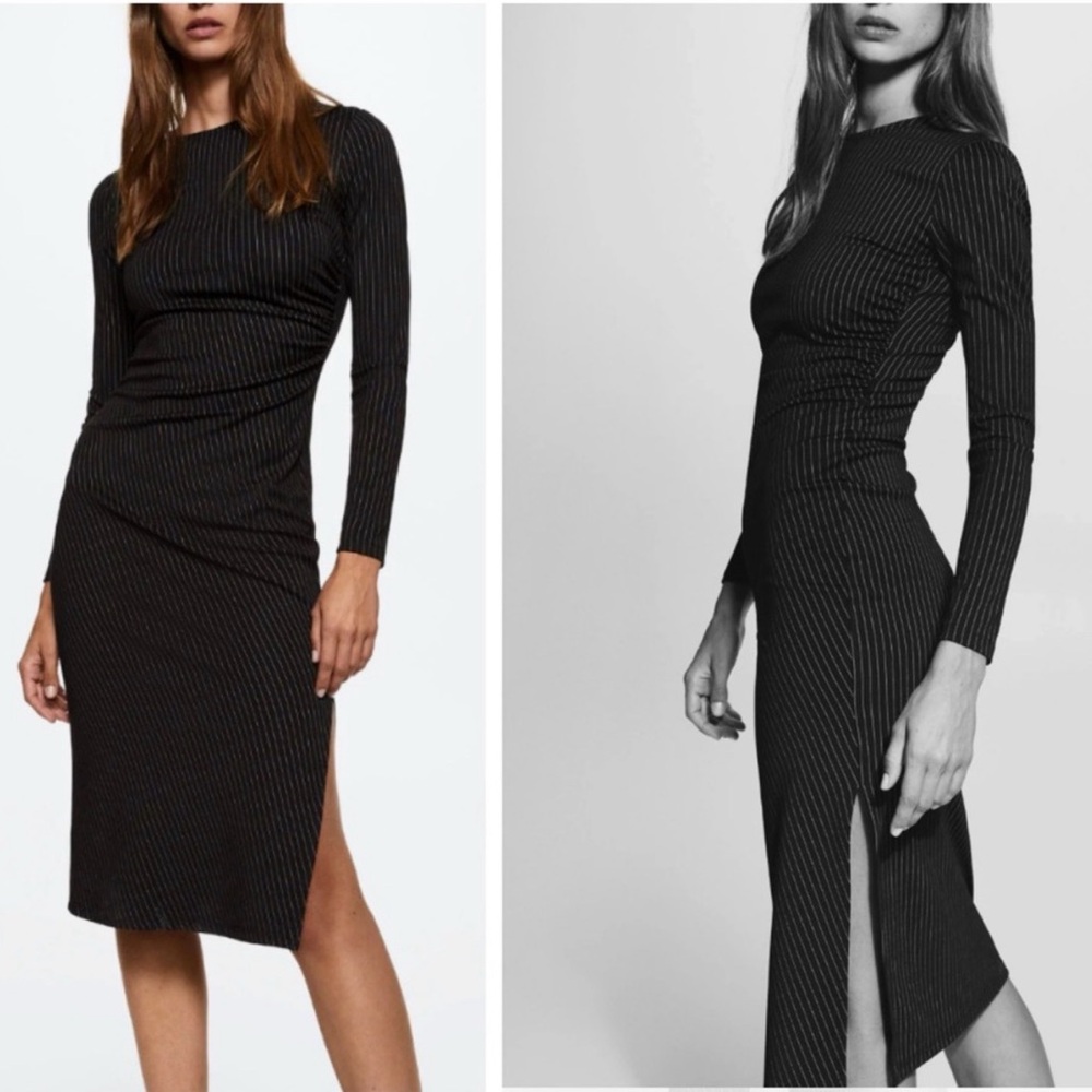 Mango pinstripe print midi-ruched dress Blogger favorite Zara competitor